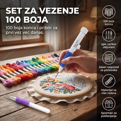sto sa 100 boja konca za vez, iglama i ramom za vezenje, benefiti proizvoda