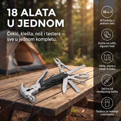18u1 multifunkcionalni čekić rasklopljen na kamp stolu, prikaz benefiti proizvoda