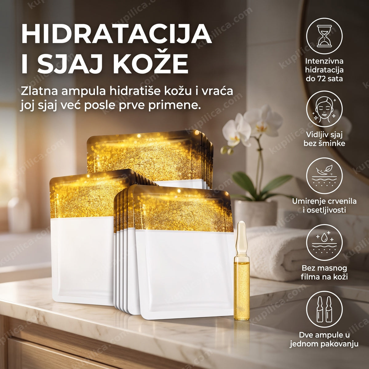 24k zlatna ampula maska za lice sa ampulama poređanim na toaletnom stočiću, benefiti proizvoda