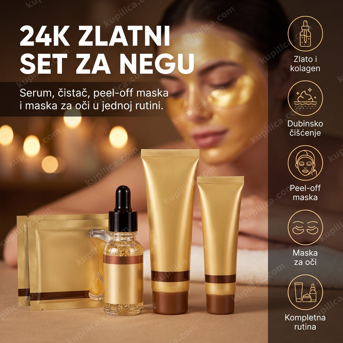 24K zlatni set za negu lica na spa stolu, žena sa zlatnom maskom u pozadini