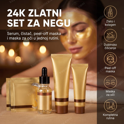 24K zlatni set za negu lica na spa stolu, žena sa zlatnom maskom u pozadini