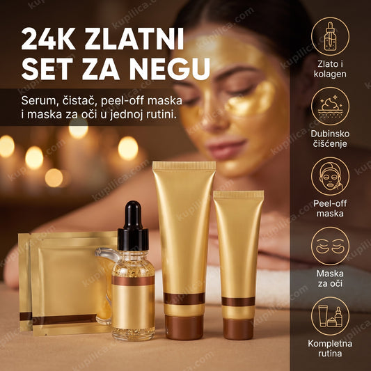 24K zlatni set za negu lica na spa stolu, žena sa zlatnom maskom u pozadini