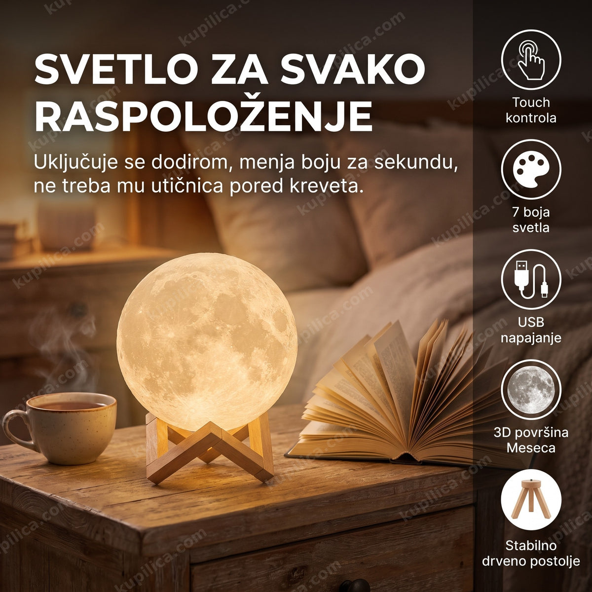 3d mesečeva lampa sa drvenim postoljem na noćnom stočiću, benefiti proizvoda