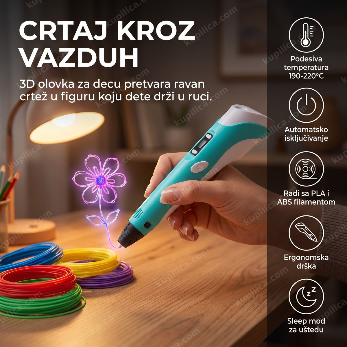 3d olovka za decu koja crta cvet u vazduhu sa prikazom benefita proizvoda