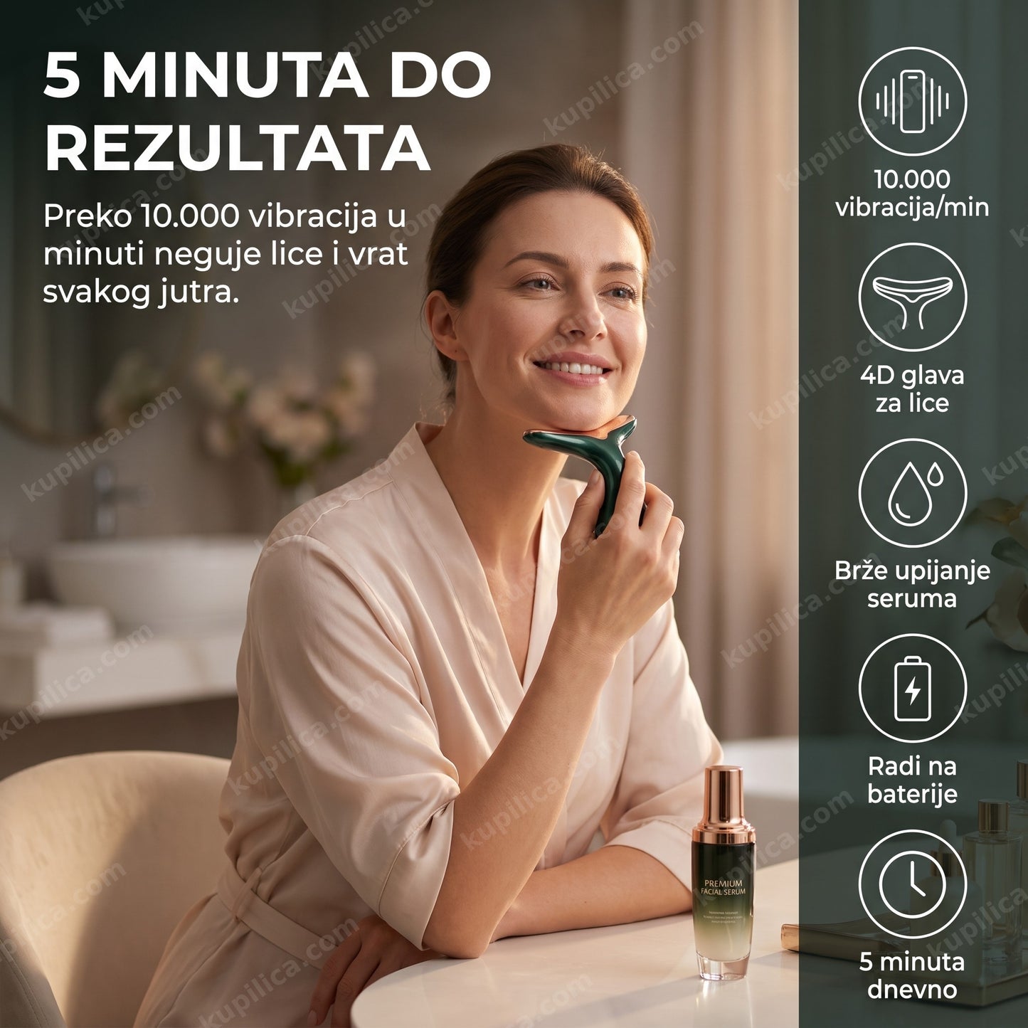 4d masažer za lice i vrat — žena koristi vibracioni masažer za jutarnju negu, benefiti proizvoda
