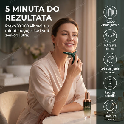 4d masažer za lice i vrat — žena koristi vibracioni masažer za jutarnju negu, benefiti proizvoda