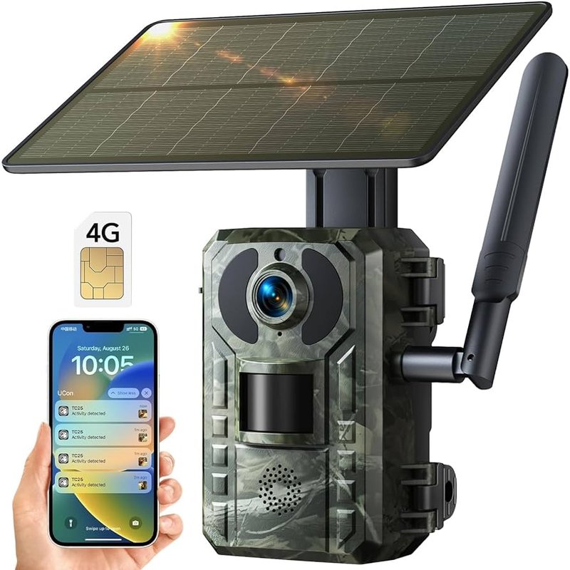 solarna lovačka kamera sa sim karticom, solarnim panelom i antenom pored telefona