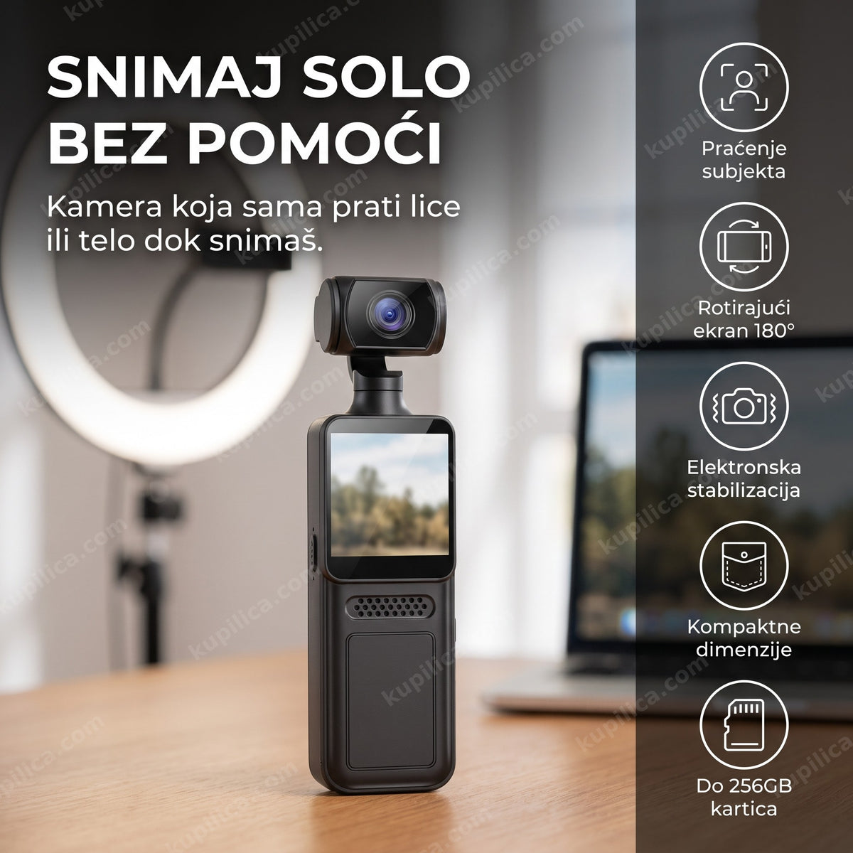 4k kamera za vlogovanje na stolu blogera sa ekranom bez teksta, benefiti proizvoda