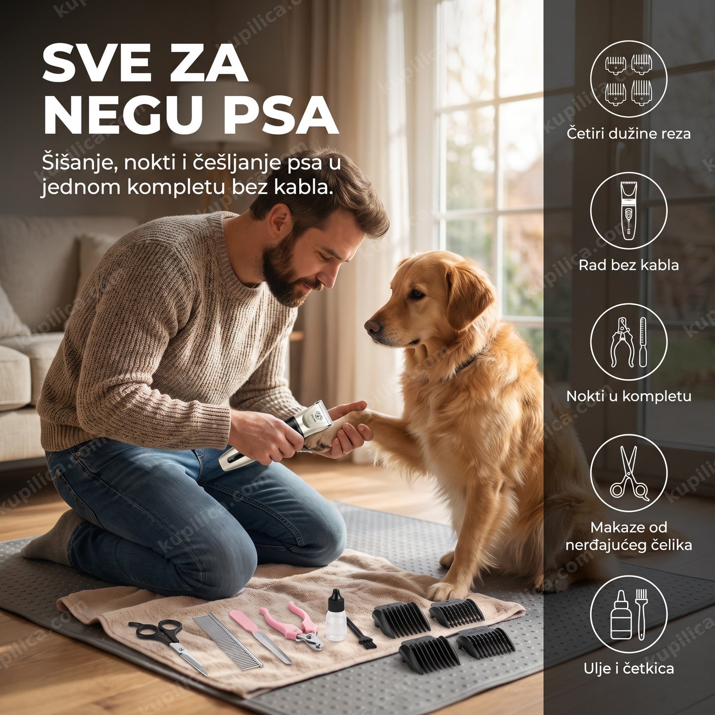 5u1 set za šišanje pasa — muškarac šiša šape psa kod kuće setom za negu, benefiti proizvoda