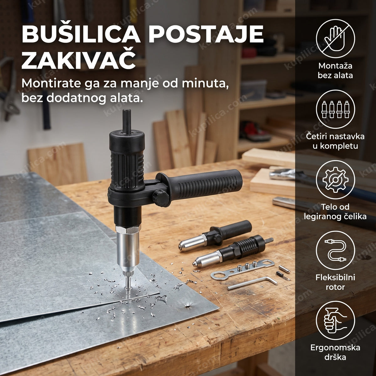 crni adapter za pop nitne montiran na bušilicu sa nastavcima za nitovanje, benefiti proizvoda