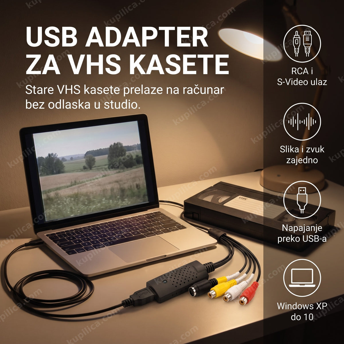 USB adapter za digitalizaciju VHS kasete pored laptopa i VHS kasete, benefiti proizvoda
