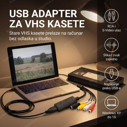 USB adapter za digitalizaciju VHS kasete pored laptopa i VHS kasete, benefiti proizvoda