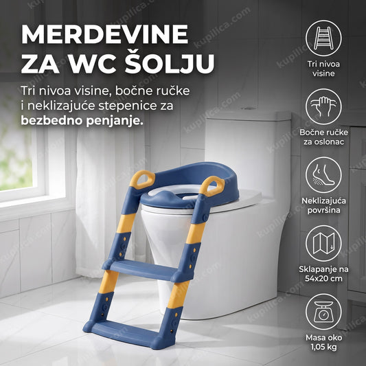 plavi adapter za wc šolju sa merdevinama i bočnim ručkama u kupatilu