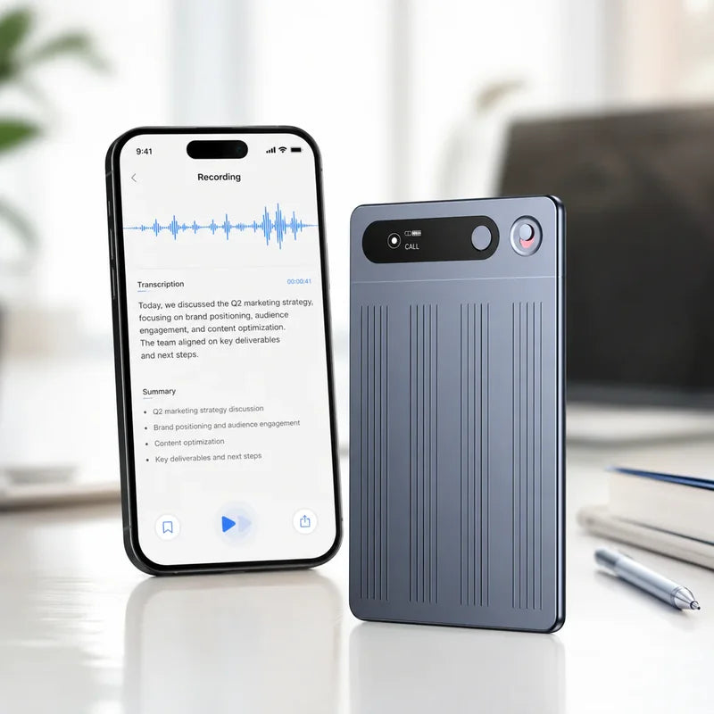 telefon prikazuje audio zapis i transkript snimka pored sivog uređaja