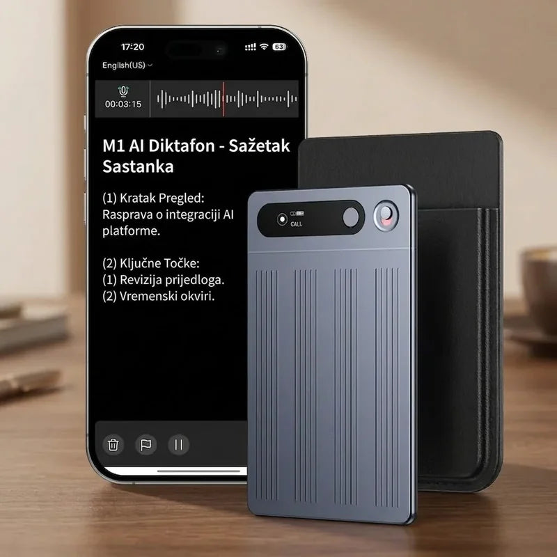 uređaj i telefon sa transkripcijom sastanka na drvenom stolu