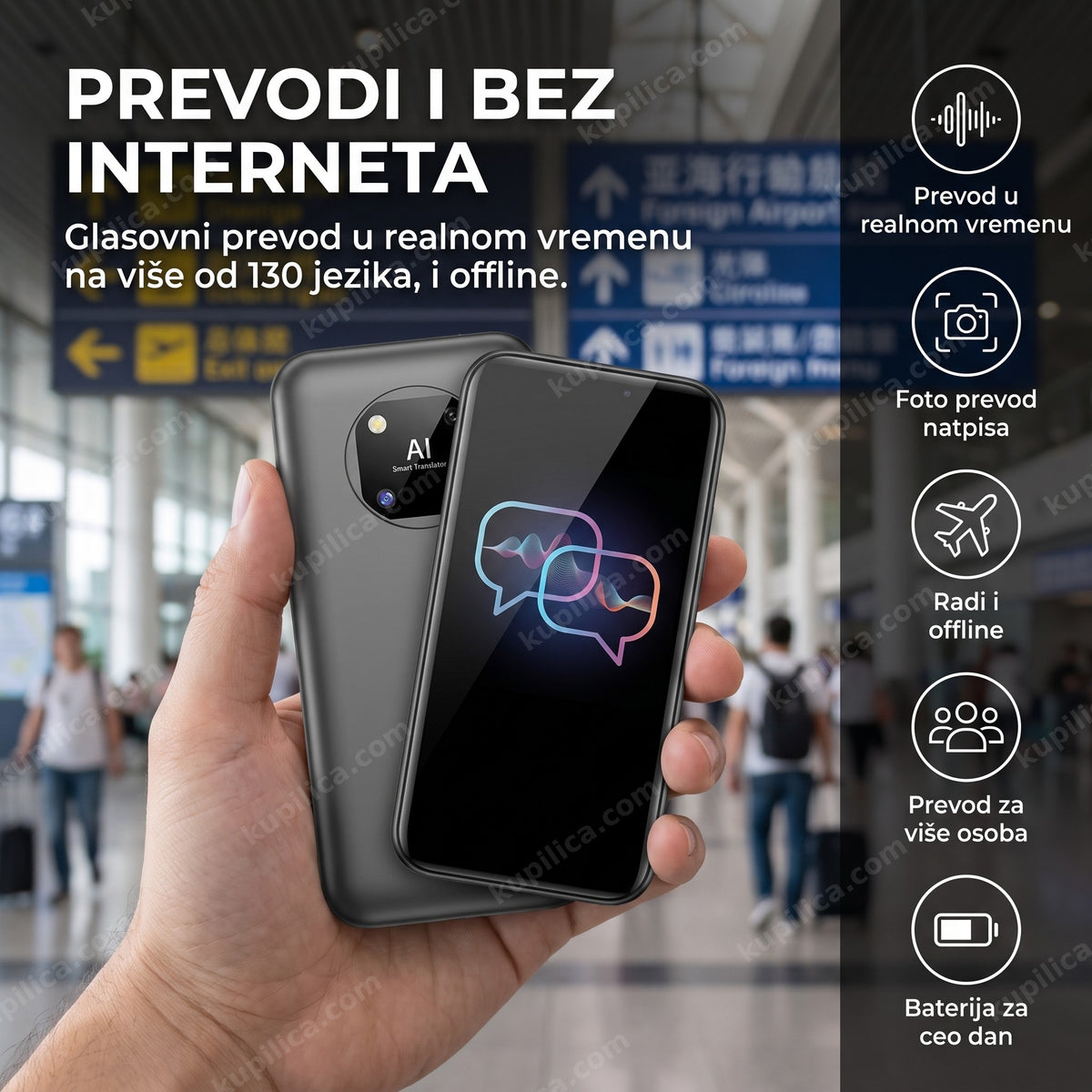 AI prevodilac jezika u ruci putnika na aerodromu u inostranstvu, prikaz benefiti proizvoda
