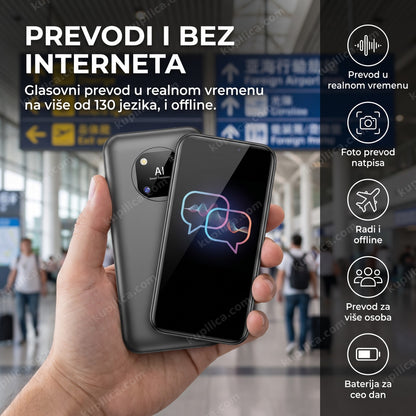 AI prevodilac jezika u ruci putnika na aerodromu u inostranstvu, prikaz benefiti proizvoda