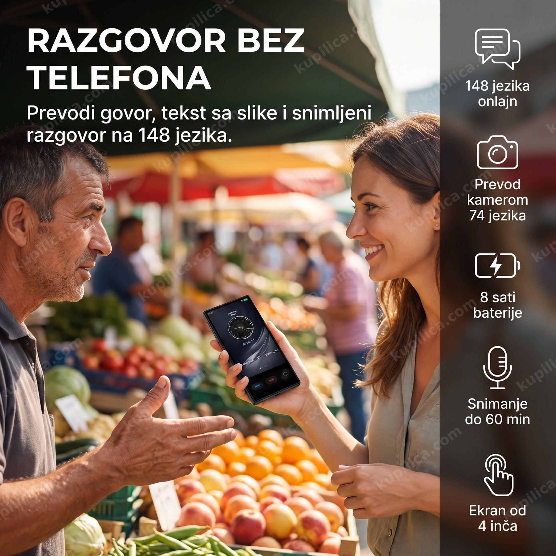 ai prevodilac s35 — žena razgovara sa prodavcem na pijaci u inostranstvu, uređaj prevodi govor i tekst sa slike na 148 jezika