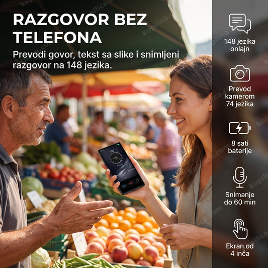ai prevodilac s35 — žena razgovara sa prodavcem na pijaci u inostranstvu, uređaj prevodi govor i tekst sa slike na 148 jezika