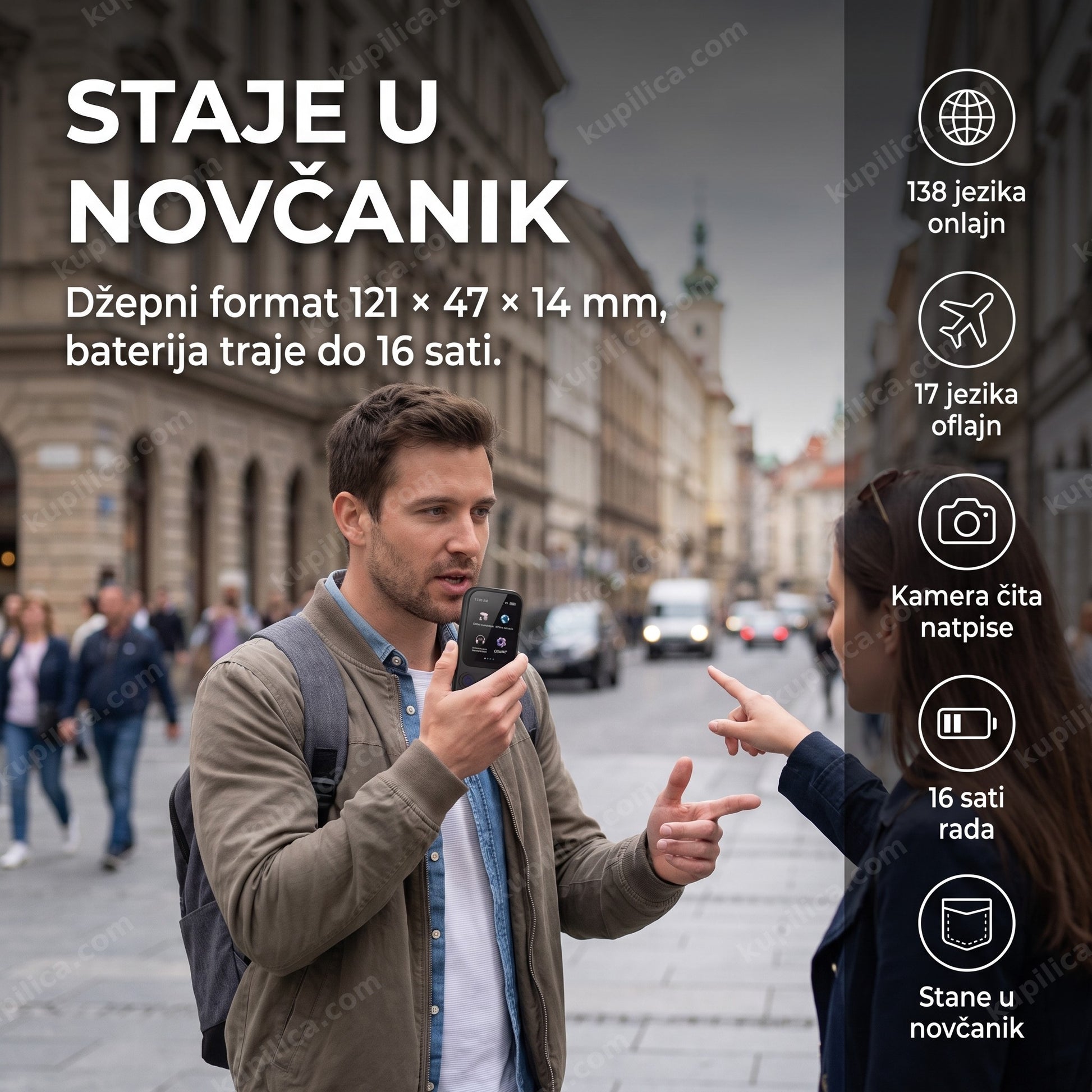 ai prevodilac s80 — putnik pita za pravac na ulici u stranom gradu, uređaj prevodi govor na 138 jezika, baterija traje 16 sati