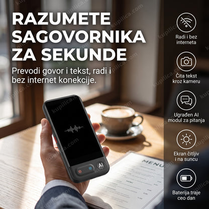 AI prevodilac sa ChatGPT integracijom, ekran bez teksta u ruci korisnika, benefiti proizvoda