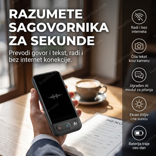 AI prevodilac sa ChatGPT integracijom, ekran bez teksta u ruci korisnika, benefiti proizvoda