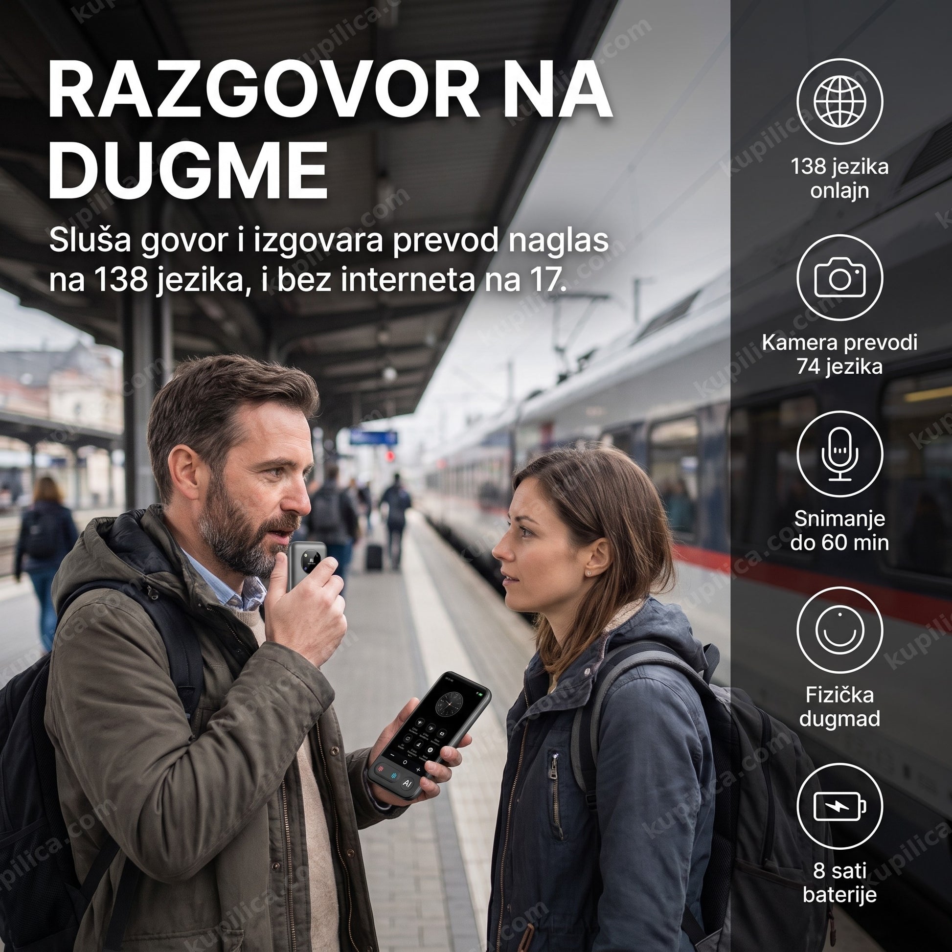 ai prevodilac z16 — putnik na peronu govori u uređaj sa fizičkim dugmetom, prevod na 138 jezika i kamera za natpise