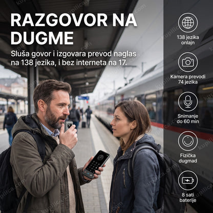 ai prevodilac z16 — putnik na peronu govori u uređaj sa fizičkim dugmetom, prevod na 138 jezika i kamera za natpise