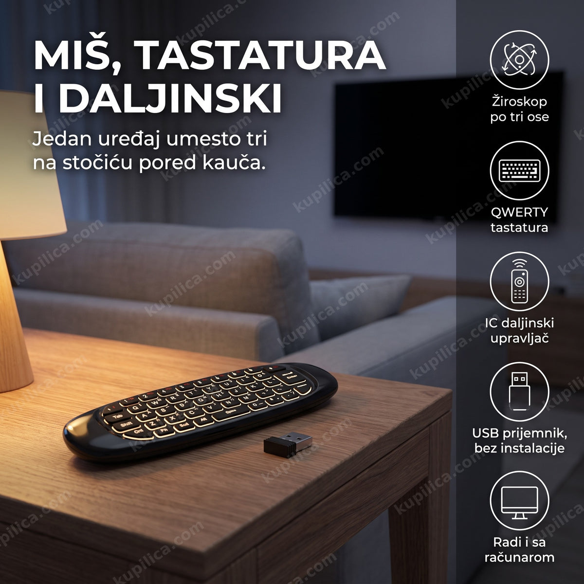 air mouse sa tastaturom i daljinskim na stočiću ispred televizora