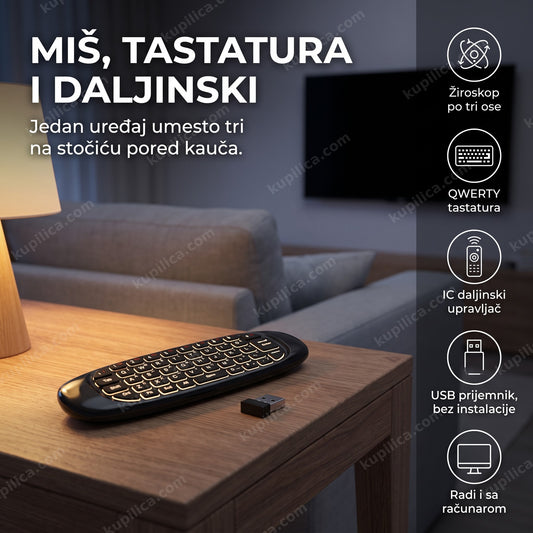 air mouse sa tastaturom i daljinskim na stočiću ispred televizora