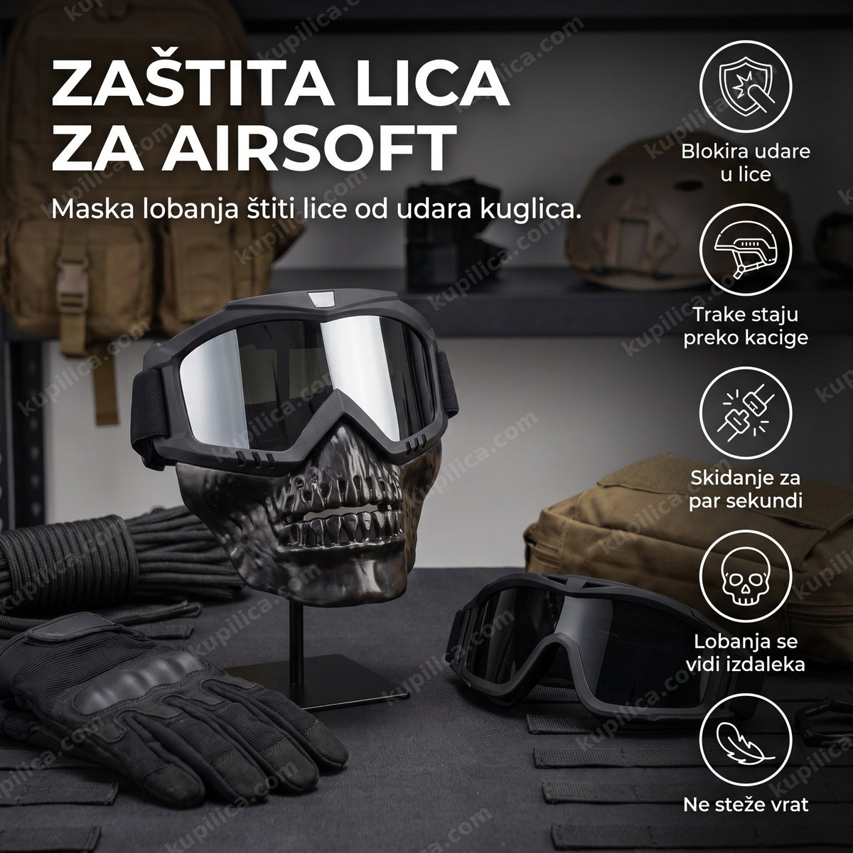 Airsoft maska lobanja na stolu pored zaštitne opreme, benefiti proizvoda