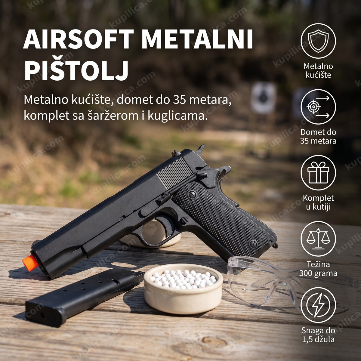 Crni airsoft metalni pištolj sa opremom i benefiti proizvoda
