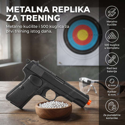 Crni metalni airsoft pištolj m17 pored kuglica i zaštitnih naočara