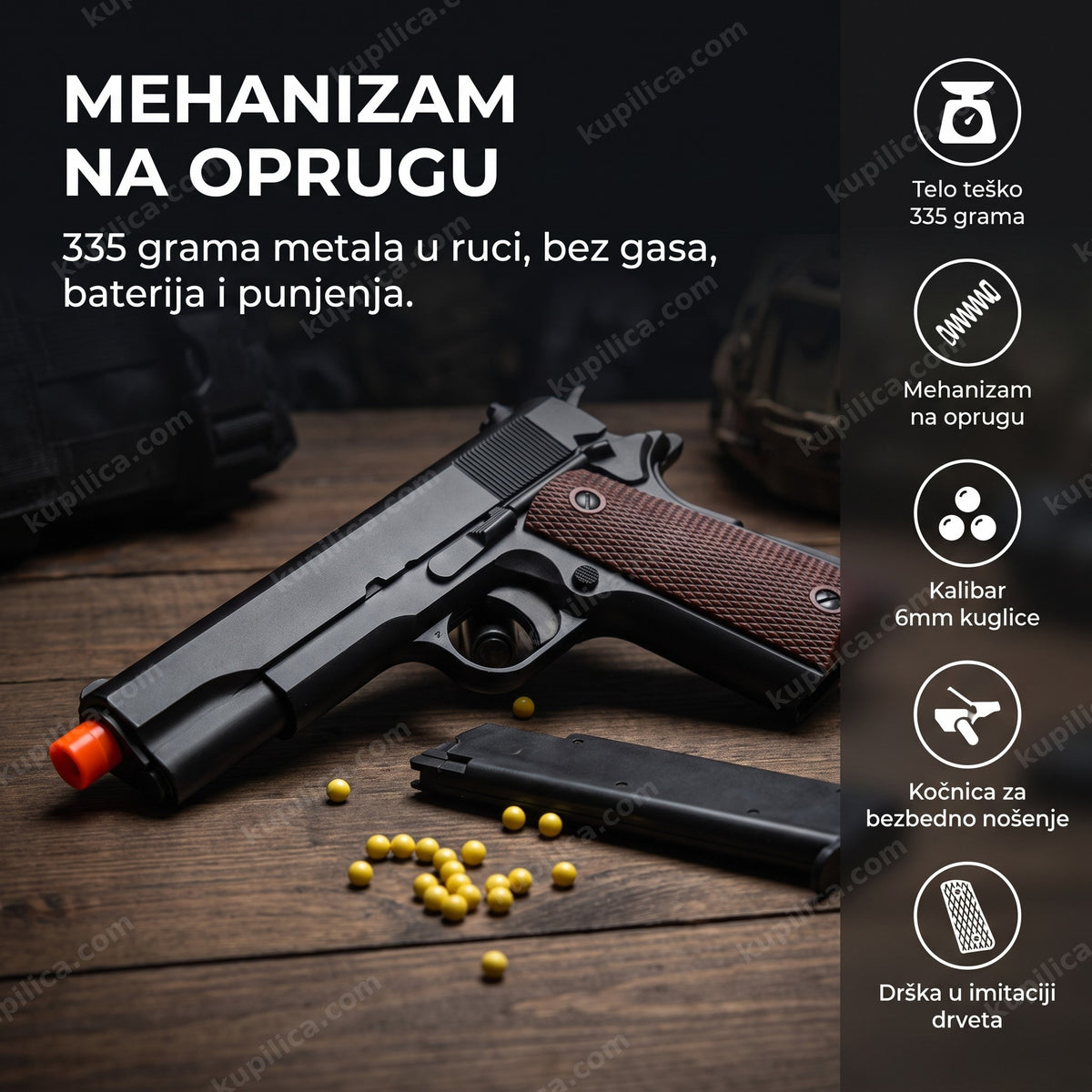 airsoft pištolj, metalna replika sa drškom u imitaciji drveta, benefiti proizvoda