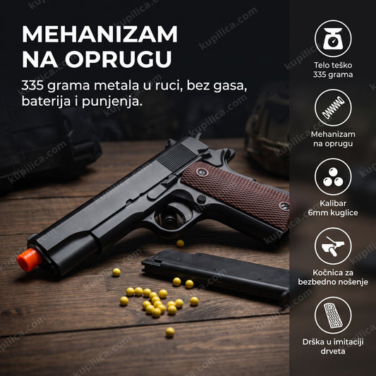 airsoft pištolj, metalna replika sa drškom u imitaciji drveta, benefiti proizvoda