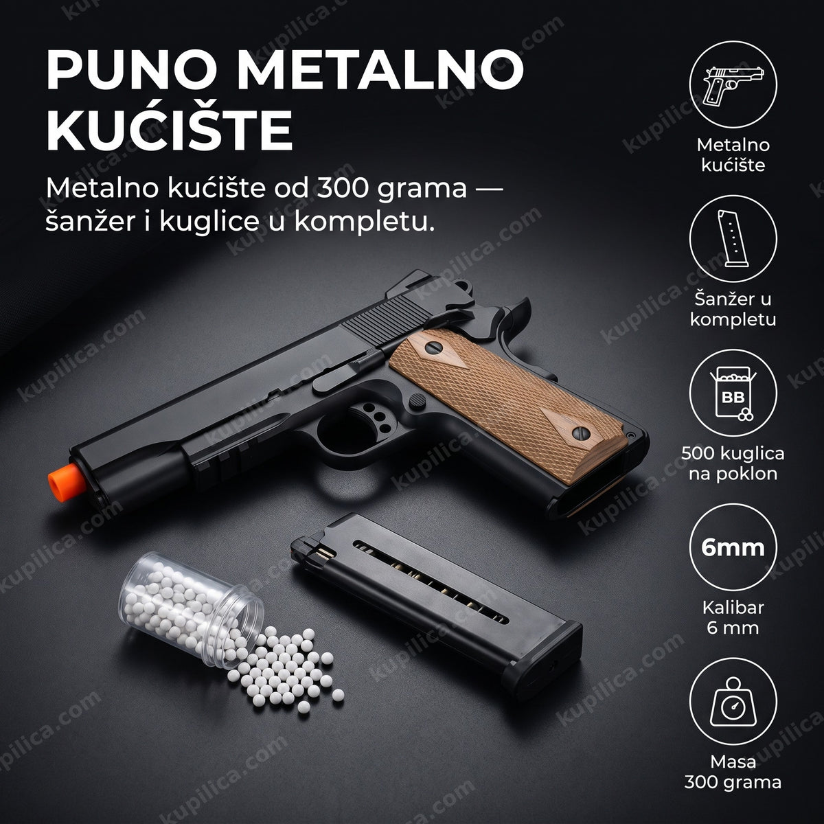 Airsoft pištolj metalni sa šanžerom i kuglicama na stolu, benefiti proizvoda
