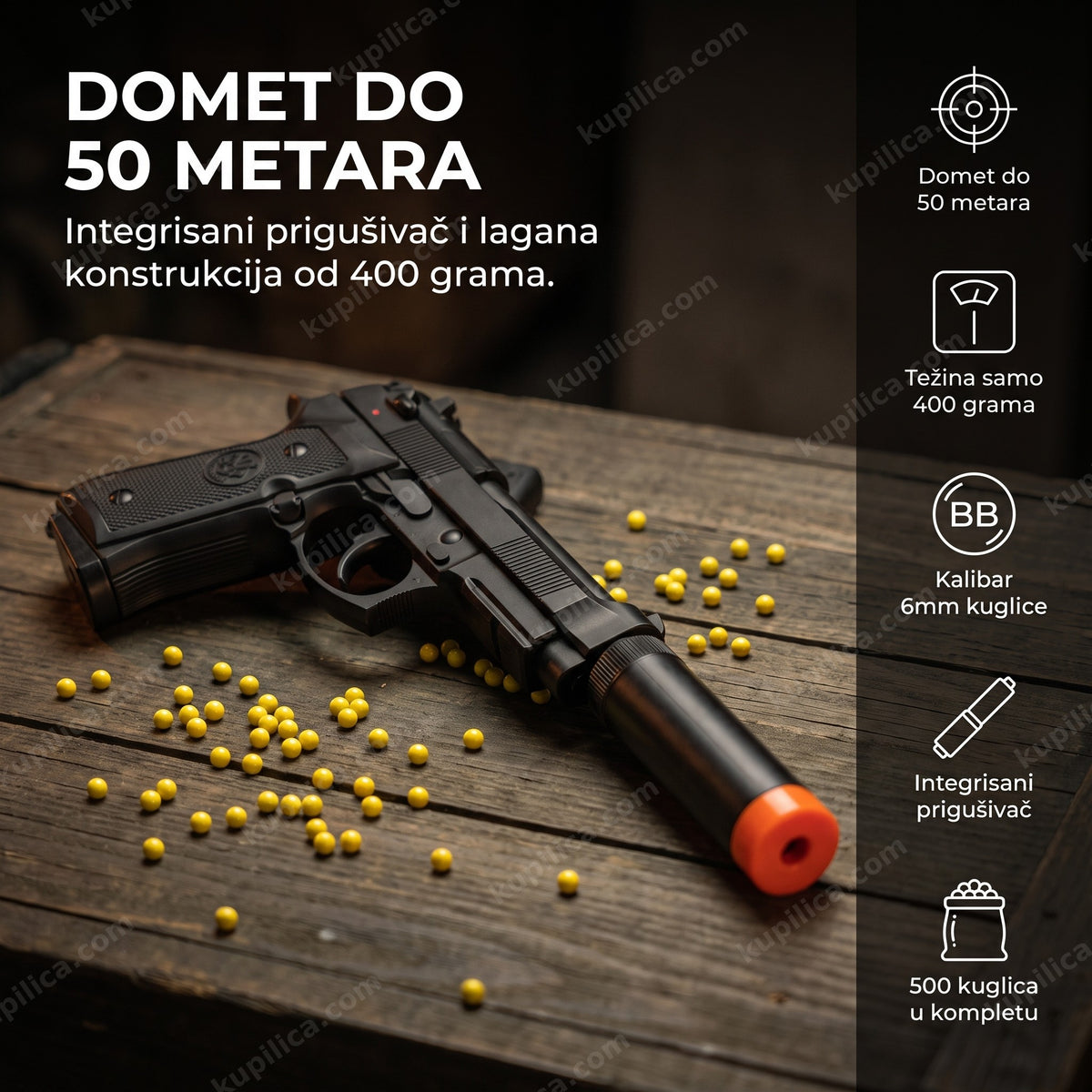 airsoft pištolj sa prigušivačem i kuglicama na stolu, benefiti proizvoda