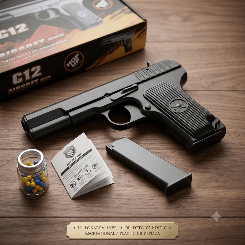 airsoft pistolj TT replika C12 sa okvirom, kuglicama i uputstvom na drvenom stolu