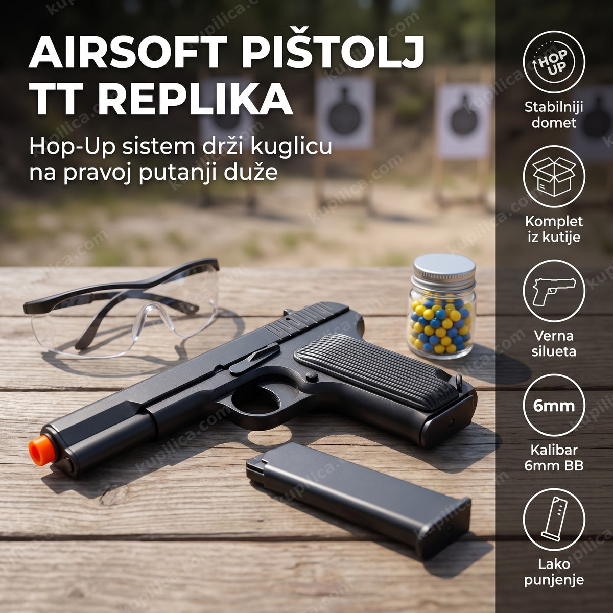 Airsoft pištolj TT replika sa narandžastim vrhom cevi na streljani