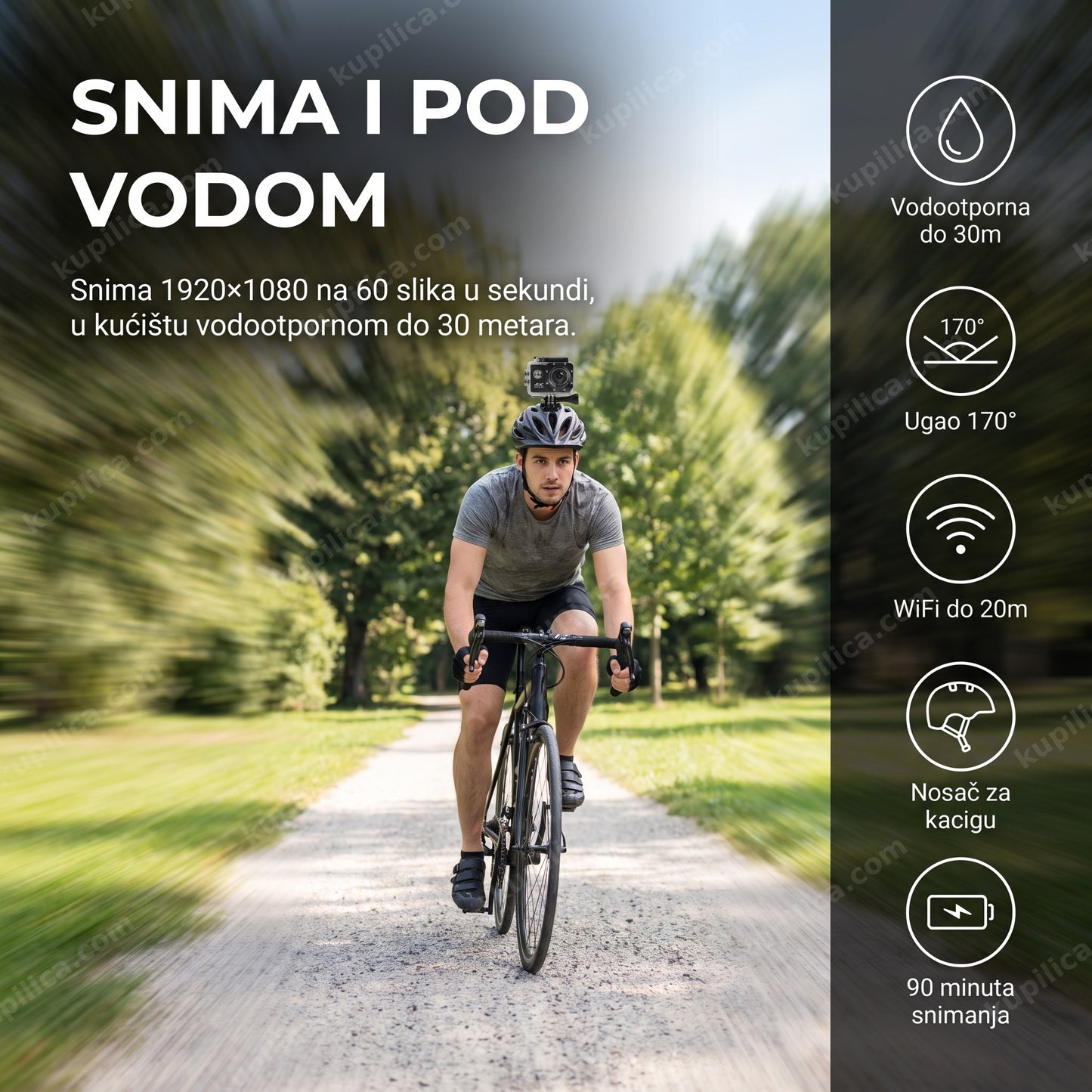 akciona kamera 4k wifi — biciklista sa kamerom na kacigi vozi stazom u parku, vodootporna do 30 metara, wifi prenos na telefon