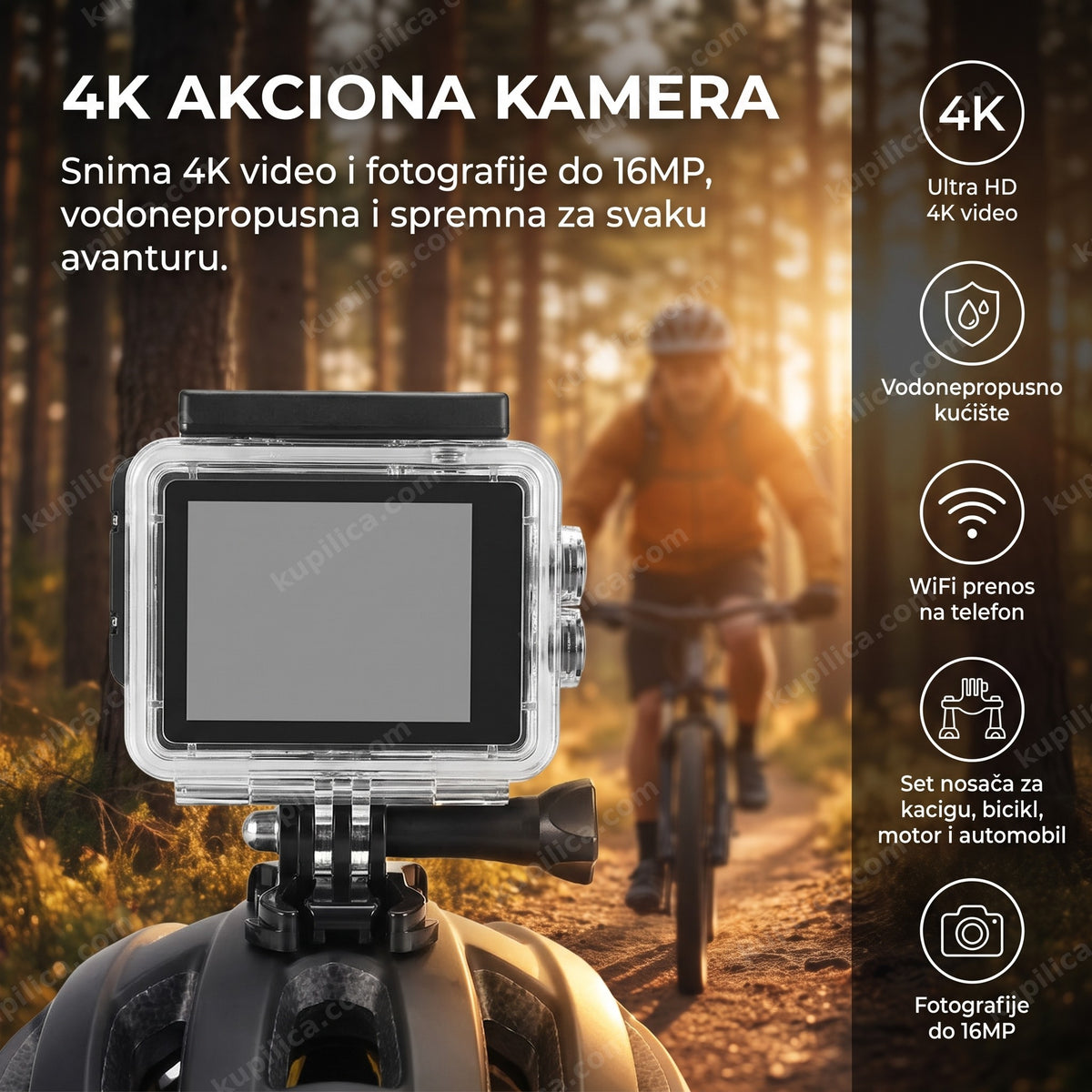 akciona sportska kamera 4k wifi montirana na biciklističkoj kacigi tokom vožnje, benefiti proizvoda