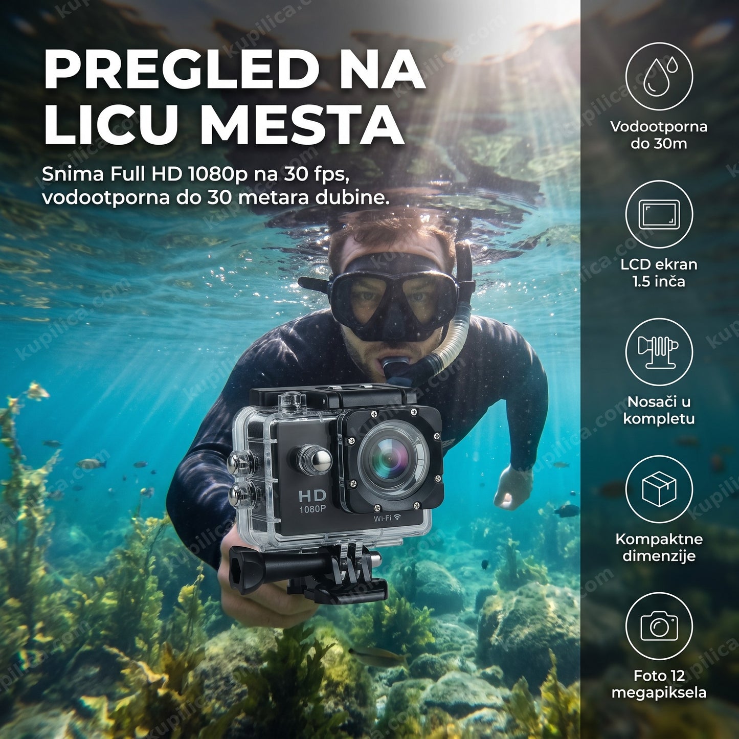 akciona vodootporna kamera hd 1080p — ronilac snima ispod vode sa kamerom u ruci, lcd ekran za pregled snimka na licu mesta