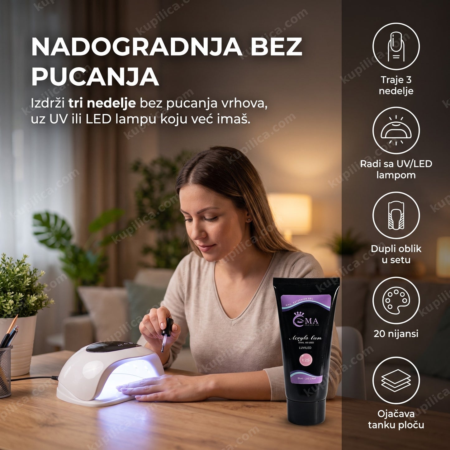 akril gel za nokte ema — žena radi manikir kod kuće pod uv lampom, nadogradnja u 20 nijansi bez pucanja vrhova