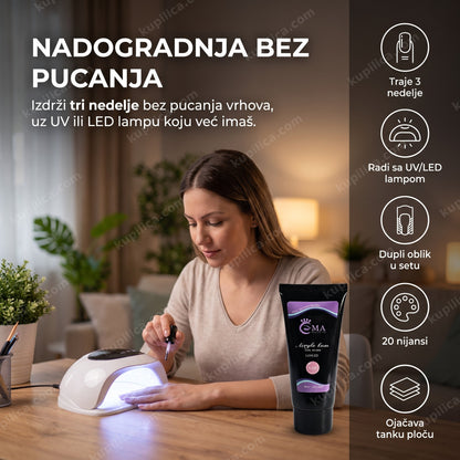 akril gel za nokte ema — žena radi manikir kod kuće pod uv lampom, nadogradnja u 20 nijansi bez pucanja vrhova