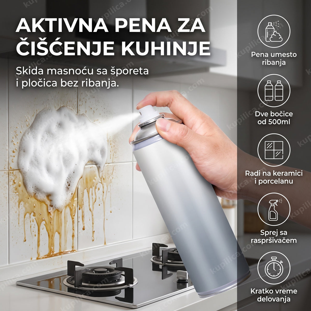 ruka prska aktivnu penu za čišćenje kuhinje na masne pločice iznad šporeta, benefiti proizvoda