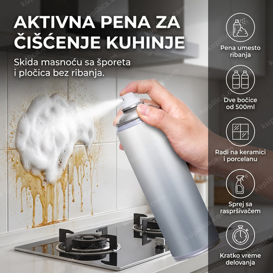 ruka prska aktivnu penu za čišćenje kuhinje na masne pločice iznad šporeta, benefiti proizvoda