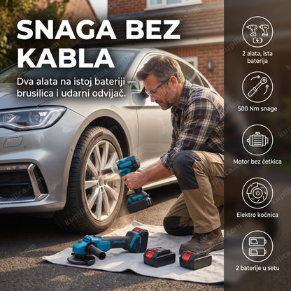 set aku brusilica i udarni odvijač — muškarac radi u dvorištu bez kabla, dve baterije u kompletu