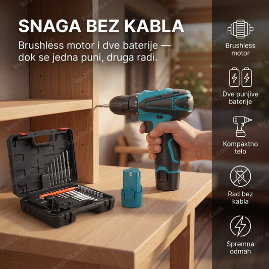aku bušilica brushless u ruci buši drvenu policu na terasi, benefiti proizvoda