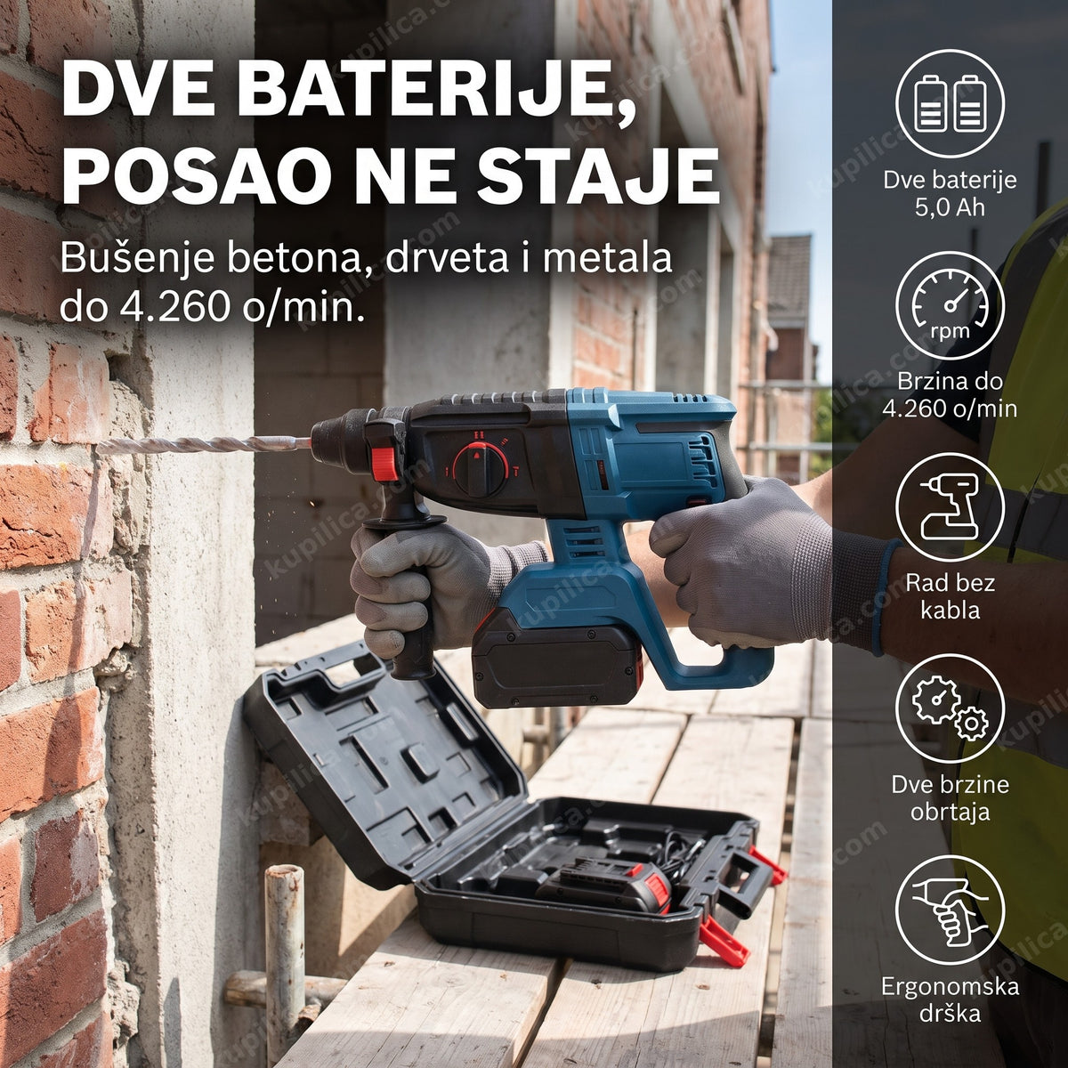 plavo-crna aku bušilica sa dve baterije u upotrebi na fasadi, benefiti proizvoda