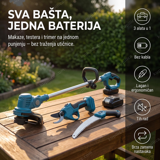 aku makaze testera trimer set 3 u 1 — tri nastavka i baterija na baštenskom stolu